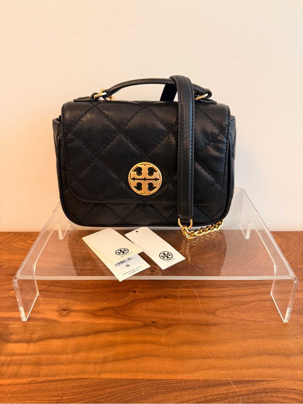 Tory Burch Black Quilted Leather Mini Crossbody with Gold Emblem
